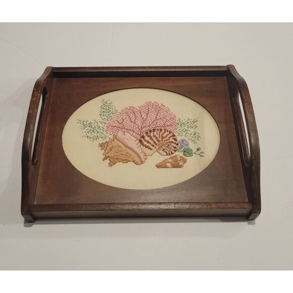 Vintage Wood & Glass Needlepoint Display Tray 12" x 9" with Seashell Embroidery - Picture 1 of 8